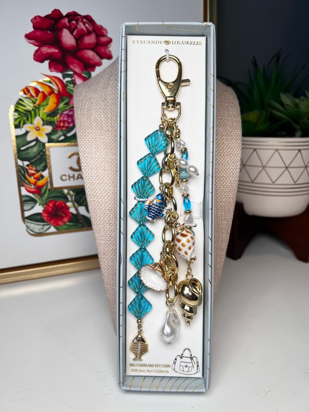 eye candy Turquoise & Gold Shell, Pearl, Fish Coastal Bag Charm Keychain